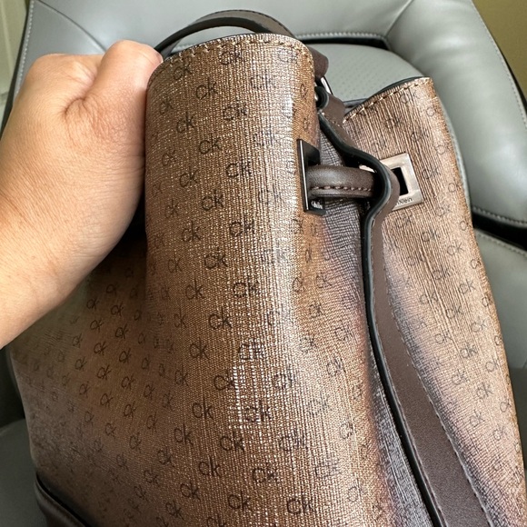 Calvin Klein Coated Canvas w/Leather Bucket CrossbodyBag, Brown/Tan Color - Picture 8 of 13